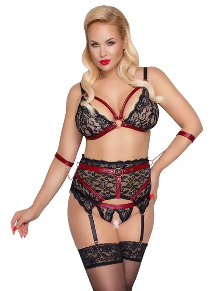 Cottelli Bondage Lingerie Set 4XL - Black Lace & Red Accents