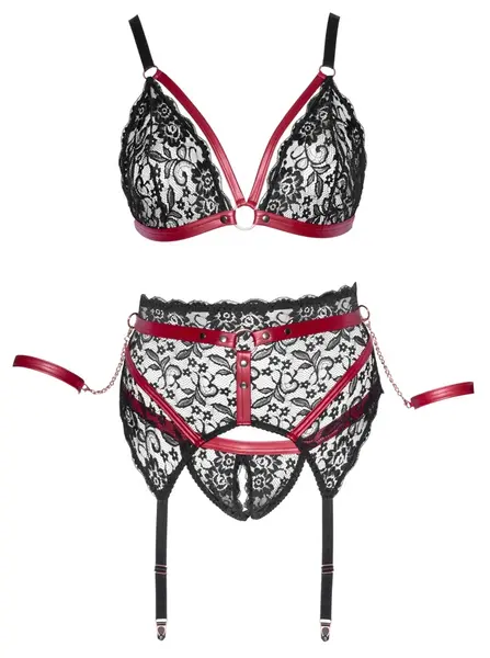 Cottelli Bondage Lace Set 3XL - Wireless Bra & Suspender Belt, Black/Red