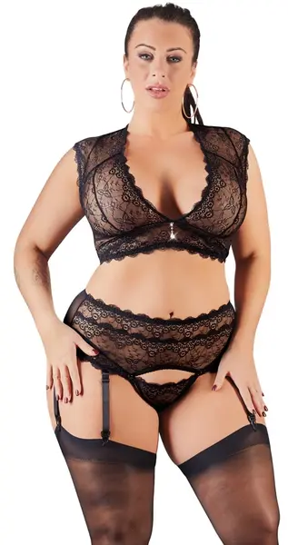 Cottelli Collection Lace Bralette & Suspender Set Black 3XL