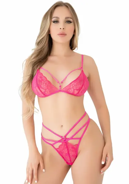 Daring Intimates Strappy Floral Lace Bra Set Hot Pink Adjustable