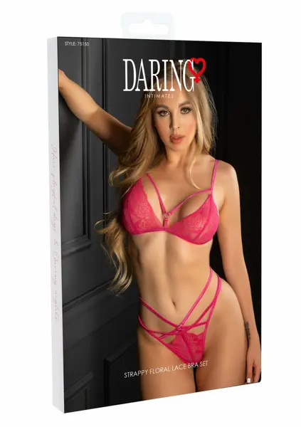 Daring Intimates Strappy Floral Lace Bra Set Hot Pink Adjustable