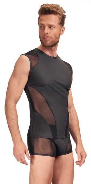 NEK Men's Sleeveless Shirt Matte Black Transparent Mesh Inserts L