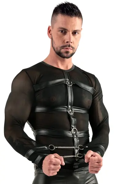 Svenjoyment Bondage Long Sleeve Powernet Shirt with Harness, M, Black