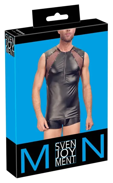 Svenjoyment Men's Shirt L Black Matte Look Mesh Studded Zip Front