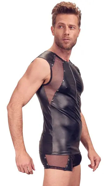 Svenjoyment Men's Shirt L Black Matte Look Mesh Studded Zip Front