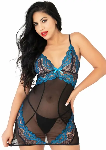 Daring Intimates Floral Lace Dress Royal Blue Adjustable Straps Set