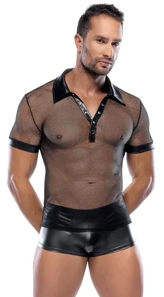 Мъжка поло блуза от лак и мрежа, черна, XL