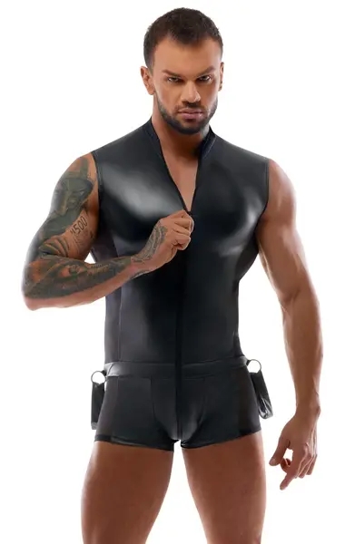 Svenjoyment Bondage Men's Matte Jumpsuit with Mesh and Cuffs L