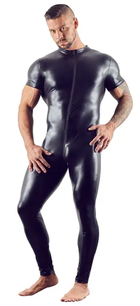 NEK Men's Wet Look Jumpsuit 2XL with 3-Way Front Zipper, Black