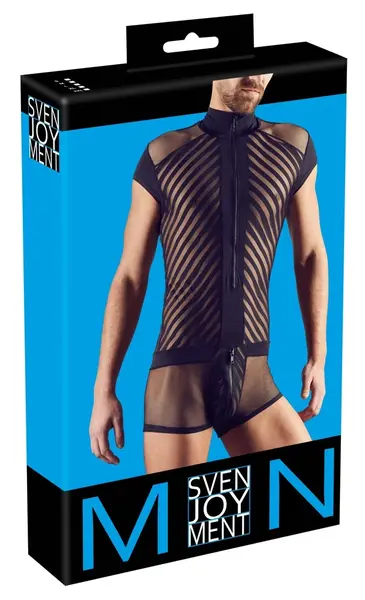 NEK Men’s Playsuit 2XL Black Mesh Stripe Zip Front Bodysuit