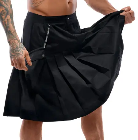 Svenjoyment Men's Classic Black Pleated Kilt with Detachable Pocket L