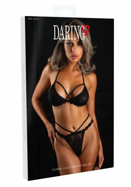 Daring Intimates Floral Lace Strappy Bra Set - Elegant Black Lingerie Ensemble