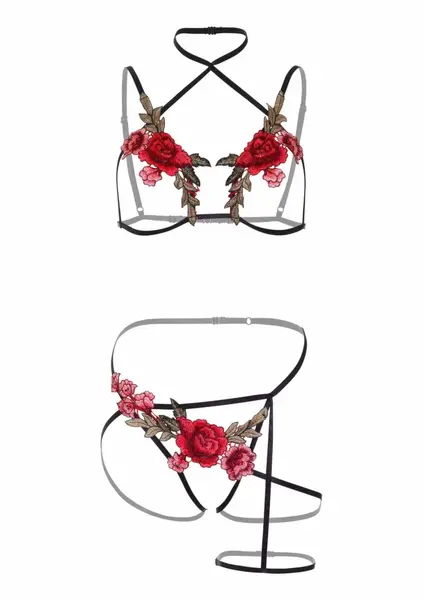 Roses Bra and Crotchless Panty Set - Floral Lace, Adjustable Straps