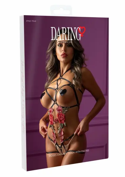Roses Strappy Teddy with Pasties - Adjustable Gold O-Ring Lingerie Set