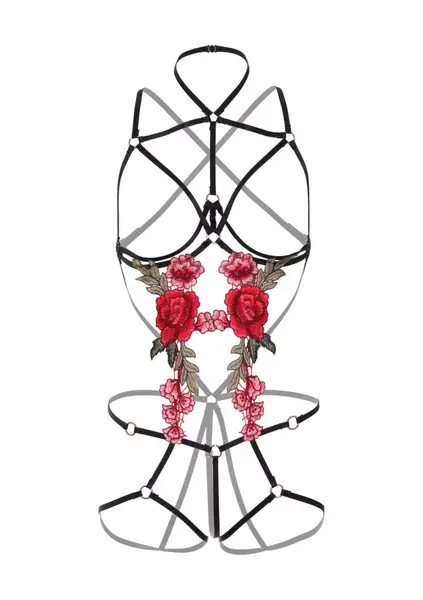 Roses Strappy Teddy with Pasties Black Adjustable Gold Accents Lingerie