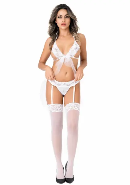 Leg Avenue Bra & Garter Panty Set with Tulle Veil and Satin Bows, White