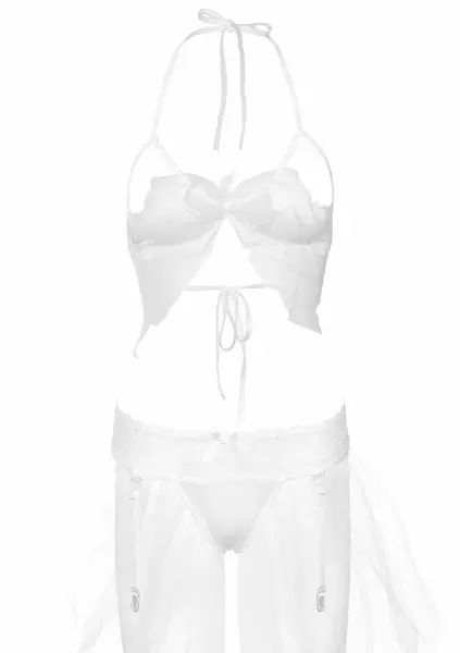 Leg Avenue Bra & Garter Panty Set with Tulle Veil and Satin Bows, White