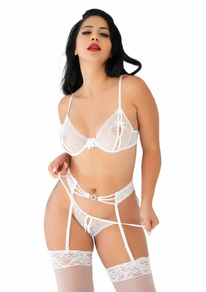 Be Mine Bra and Panty Set Romantic Lace with Garter Belt - Size Adjustable