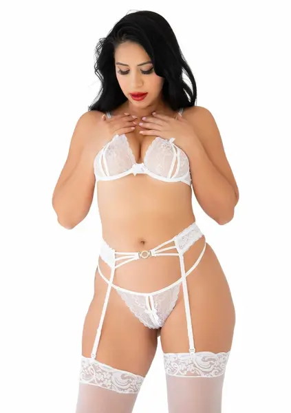 Be Mine Bra and Panty Set Romantic Lace with Garter Belt - Size Adjustable
