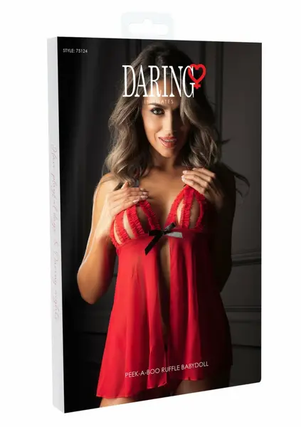 Peek-a-boo Ruffle Babydoll Set with Mesh Details, Black, S/M