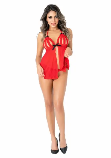 Peek-a-boo Ruffle Babydoll Set with Mesh Details, Black, S/M