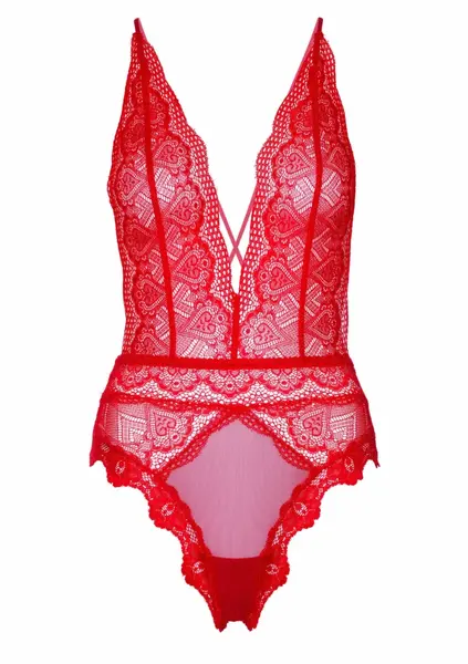 Deep-V Lace Teddy Heart Mesh Bodysuit, Low Back, Fine Straps, S/M