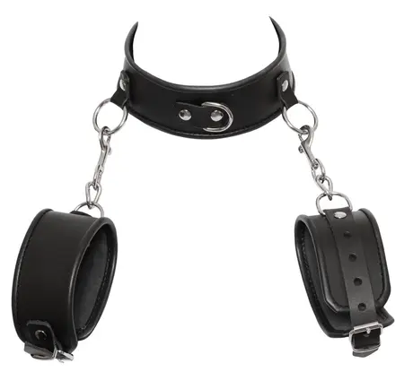 ZADO Bondage Set - Leather Collar and Adjustable Handcuffs, Black