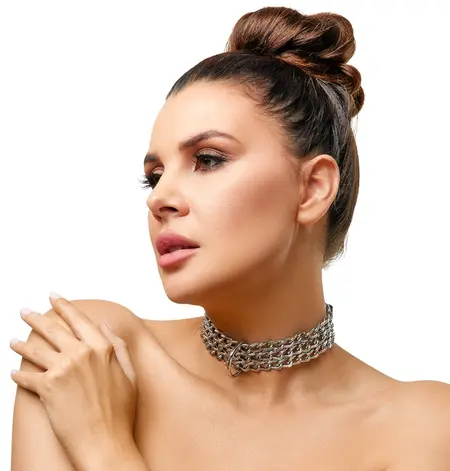 ZADO Black Leather Adjustable Collar with Triple Chain Detail
