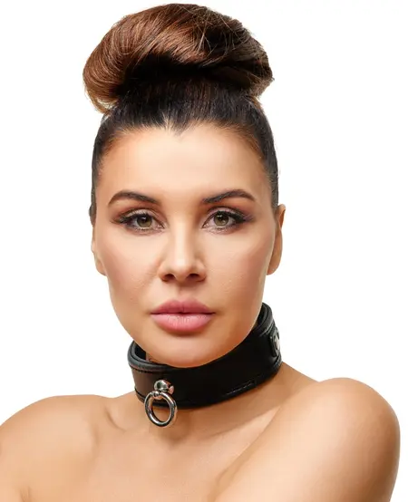 ZADO Leather Adjustable Collar S-L, Black, 32-50 cm, Metal Ring