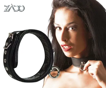 ZADO Leather Adjustable Collar S-L, Black, 32-50 cm, Metal Ring