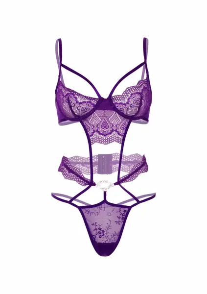 Heart Lace Teddy with Jewel - Elegant Black Bodysuit with Decorative Gem