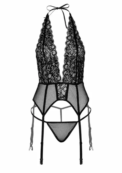 Leg Avenue Cami Garter and String Set with Lace Halter Top, Black