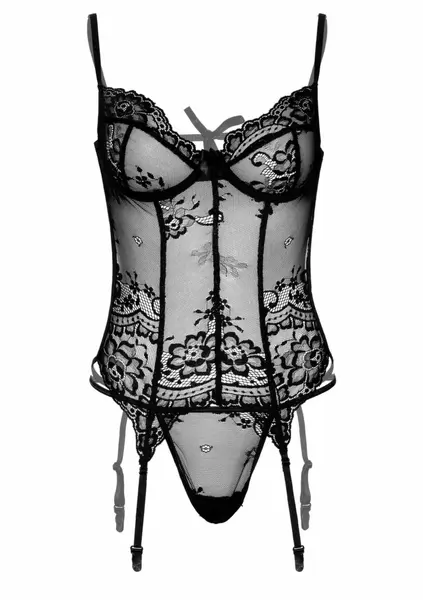 Underwire CamiGarter Set with Adjustable Straps and Lace, Black, S/M