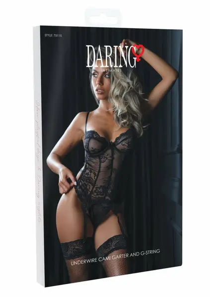 Underwire CamiGarter Set with Adjustable Straps and Lace - Black, S/M