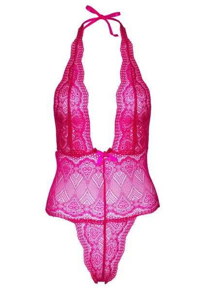 Heart Lace Teddy Deep Plunge Bodysuit with Heart Pattern & Satin Bows