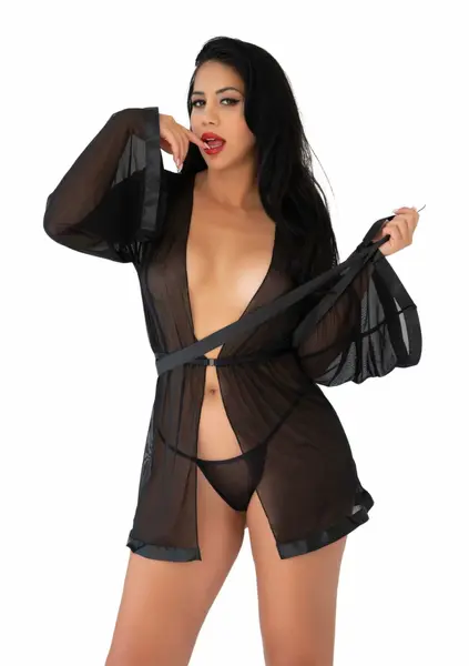Obsessive Sheer Kimono and String Set Black Mesh Lace Trim L/XL