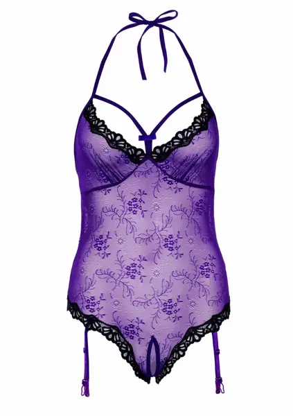 Lace Teddy with Open Crotch - Adjustable Floral Lace Bodysuit Black