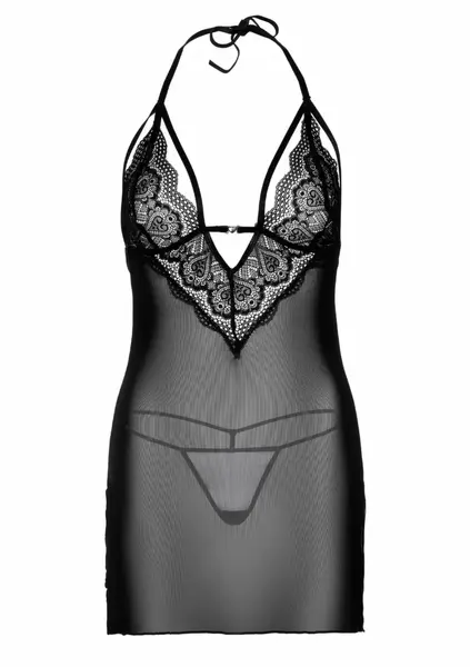 Strappy Lace Babydoll & String by Dreamgirl - Heart Pattern, Mesh, Black