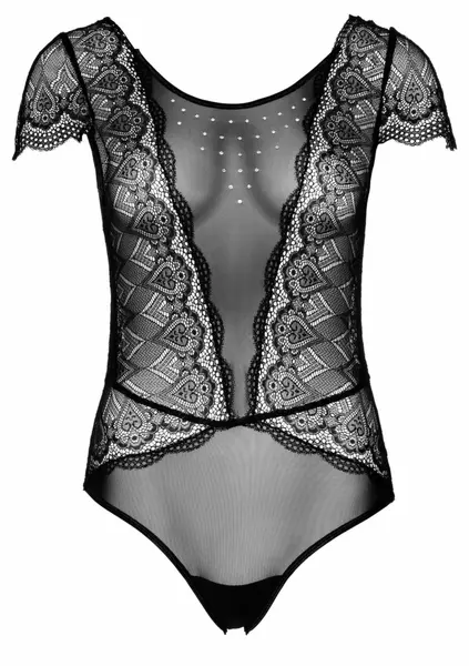 Floral Lace Mesh Teddy with Rhinestone Detail - Heart Pattern, Cap Sleeves