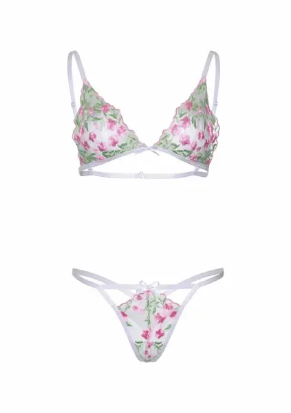 Leg Avenue Floral Sheer Bra and String Set with Lace Garter Skirt