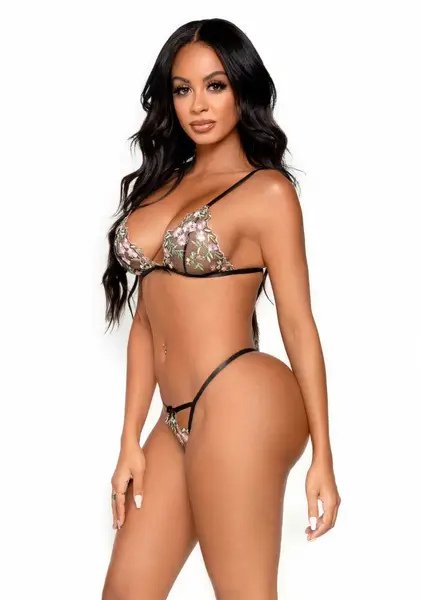 Leg Avenue Floral Sheer Bra & String Set with Garter Skirt, Adjustable