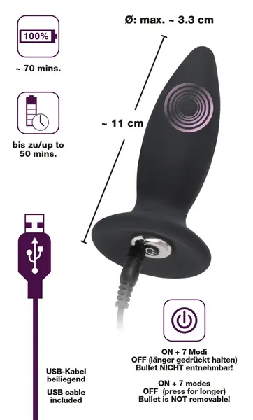Black Velvets S Vibration Silicone Plug Rechargeable, 11cm, Black