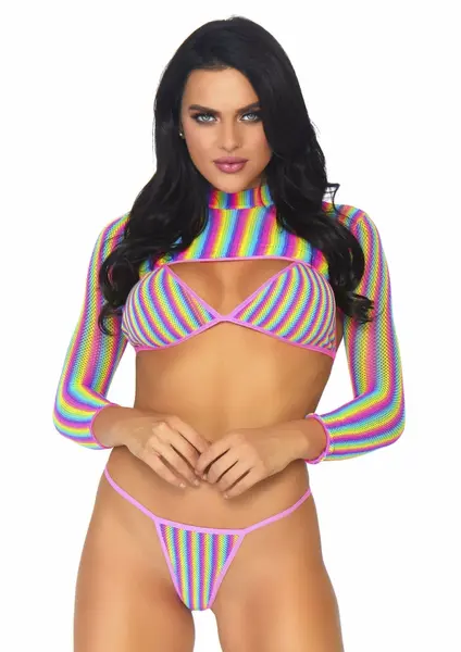 Leg Avenue Rainbow Fishnet 3-Piece Set - Bikini, String & Crop Top