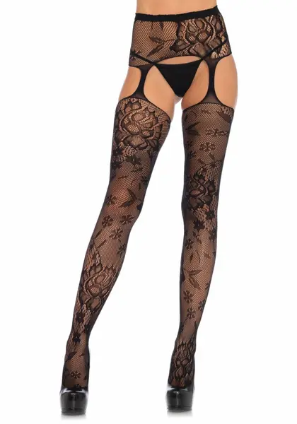 Leg Avenue Chelsea Floral Lace Stockings with Garter Belt Black One Size