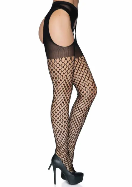 Leg Avenue Oval Net Suspender Hose with Opaque Top - Black, One Size
