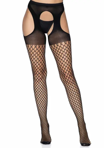 Leg Avenue Oval Net Suspender Hose with Opaque Top - Black, One Size