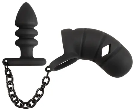 Black Velvets Silicone Intimate Cage Set with Grooved Plug & Chain 11.5cm