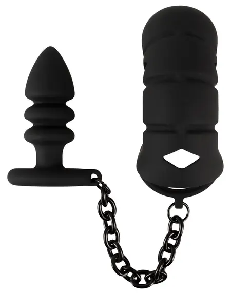 Black Velvets Silicone Intimate Cage Set with Grooved Plug & Chain 11.5cm