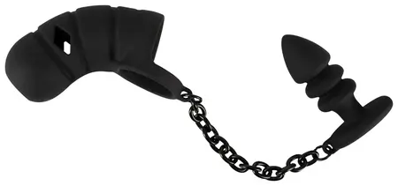 Black Velvets Silicone Intimate Cage Set with Grooved Plug & Chain 11.5cm