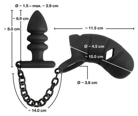 Black Velvets Silicone Intimate Cage Set with Grooved Plug & Chain 11.5cm